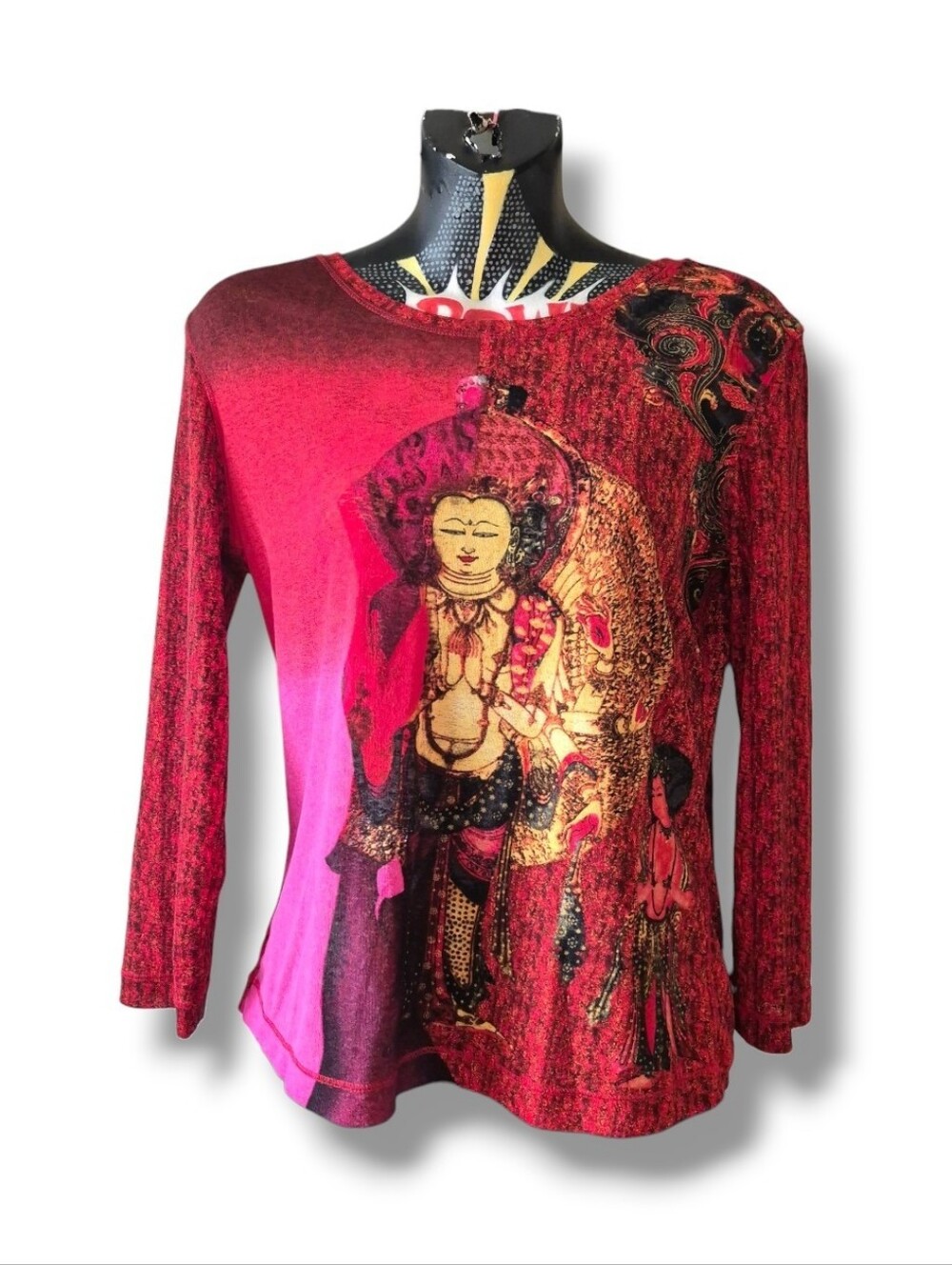 Y2k 90s Boho Whimsygoth Red Mesh Buddha All Over Print Quarter Sleeve Top